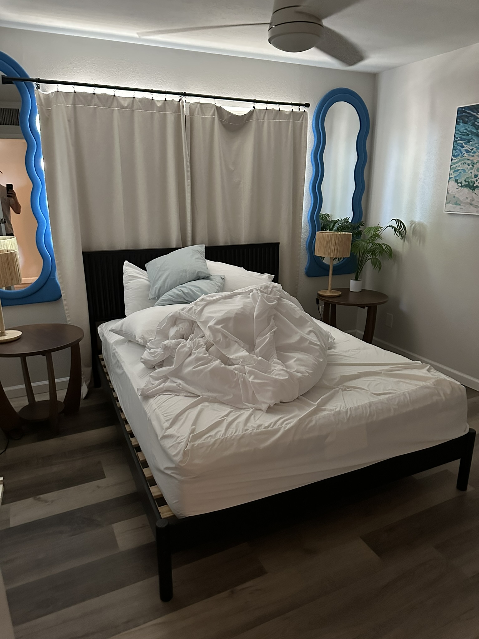 Short-term rental bedroom before turnover cleaning with used bedding