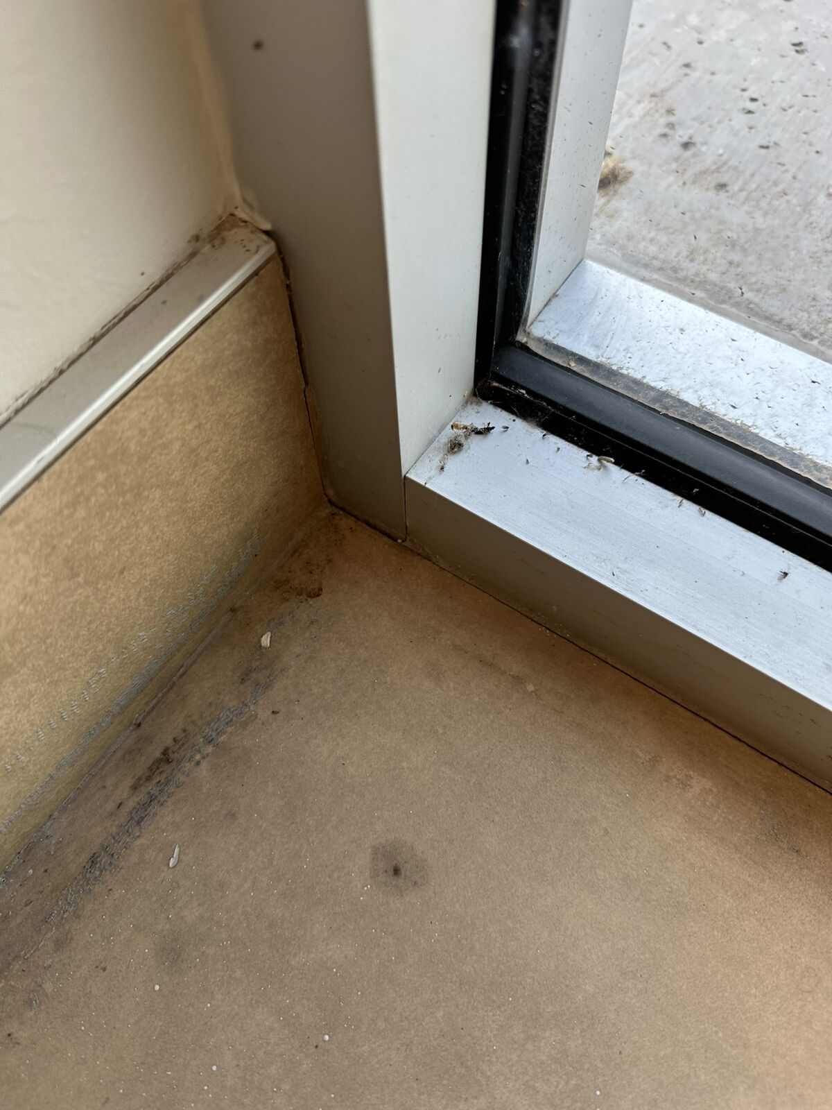 Soil buildup at exterior warehouse door threshold before cleaning