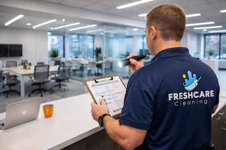 Fresh Care Cleaning supervisor performing a commercial janitorial inspection