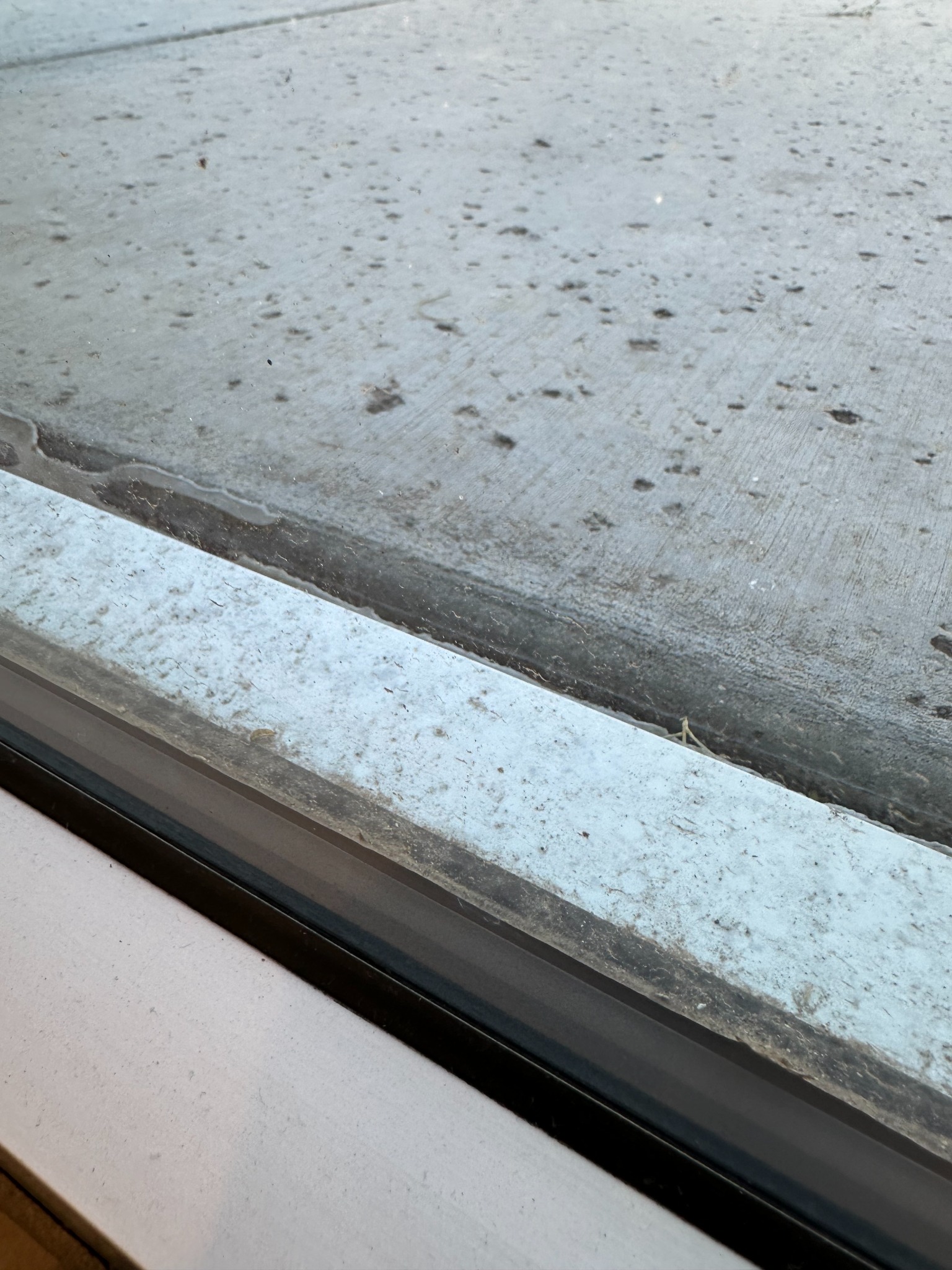 Monsoon dust and debris buildup at a commercial entrance threshold