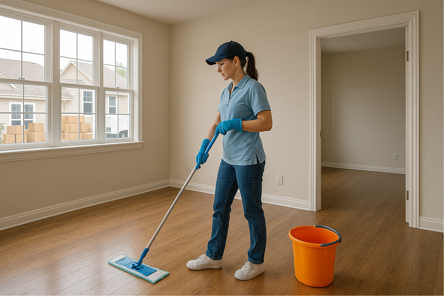 Move-out cleaning team detailing a home before keys handoff