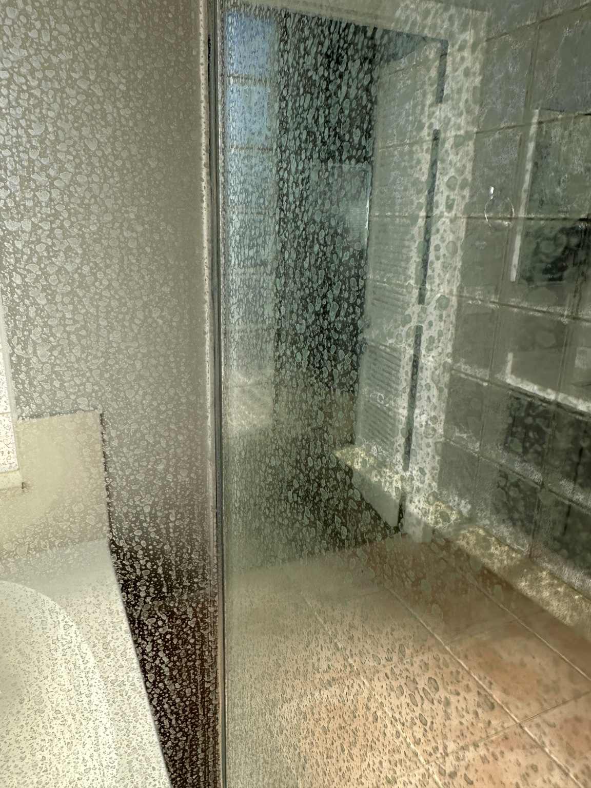 Shower glass with visible water spotting and residue before move-out cleaning in Peoria