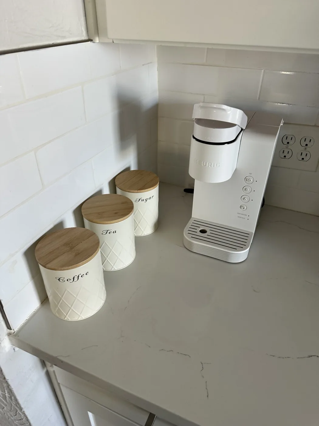 Coffee station with coffee tea and sugar containers